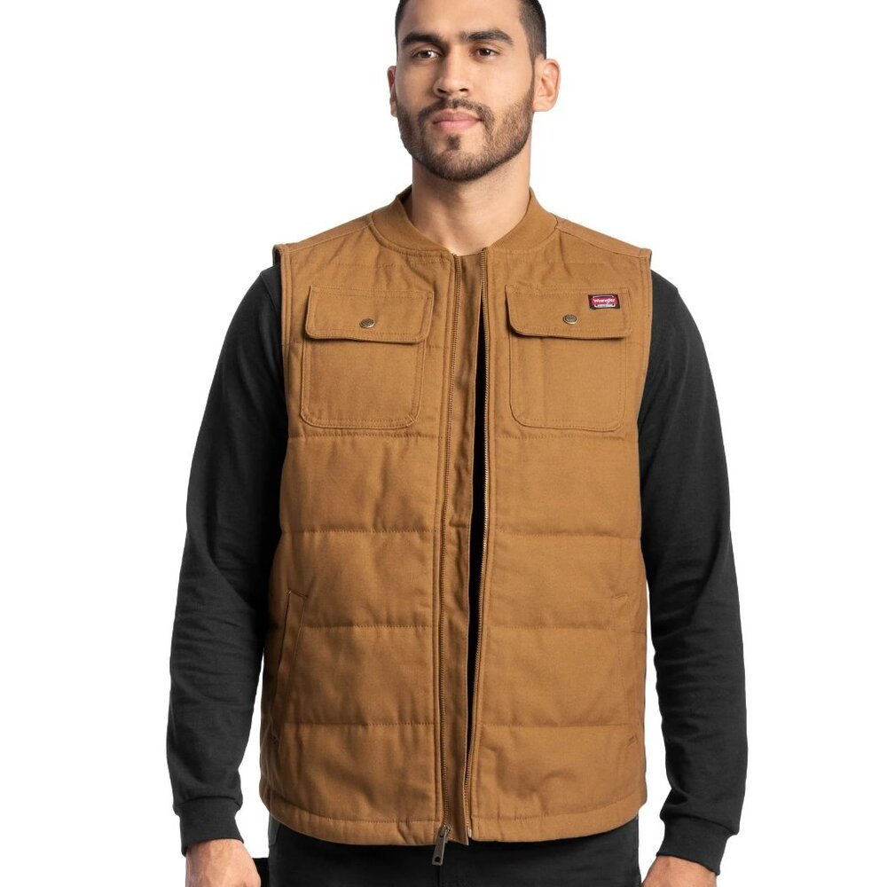 NWT XL, 2XL Wrangler Workwear Quilted Duck Work Vest Brown Durable Warm Utility